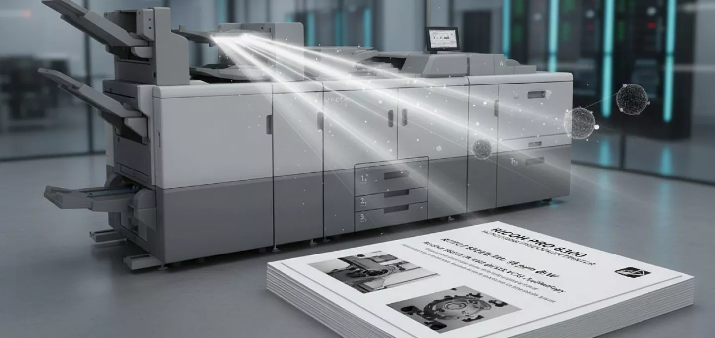  A black and white image of a large, industrial-looking Ricoh Pro 8400s Series printer. It is shown with futuristic light rays coming from within, suggesting advanced technology. In front of the printer is a stack of papers, with the top sheet displaying a close-up image of the printer's internal components. The background is a blurred office or data center environment.